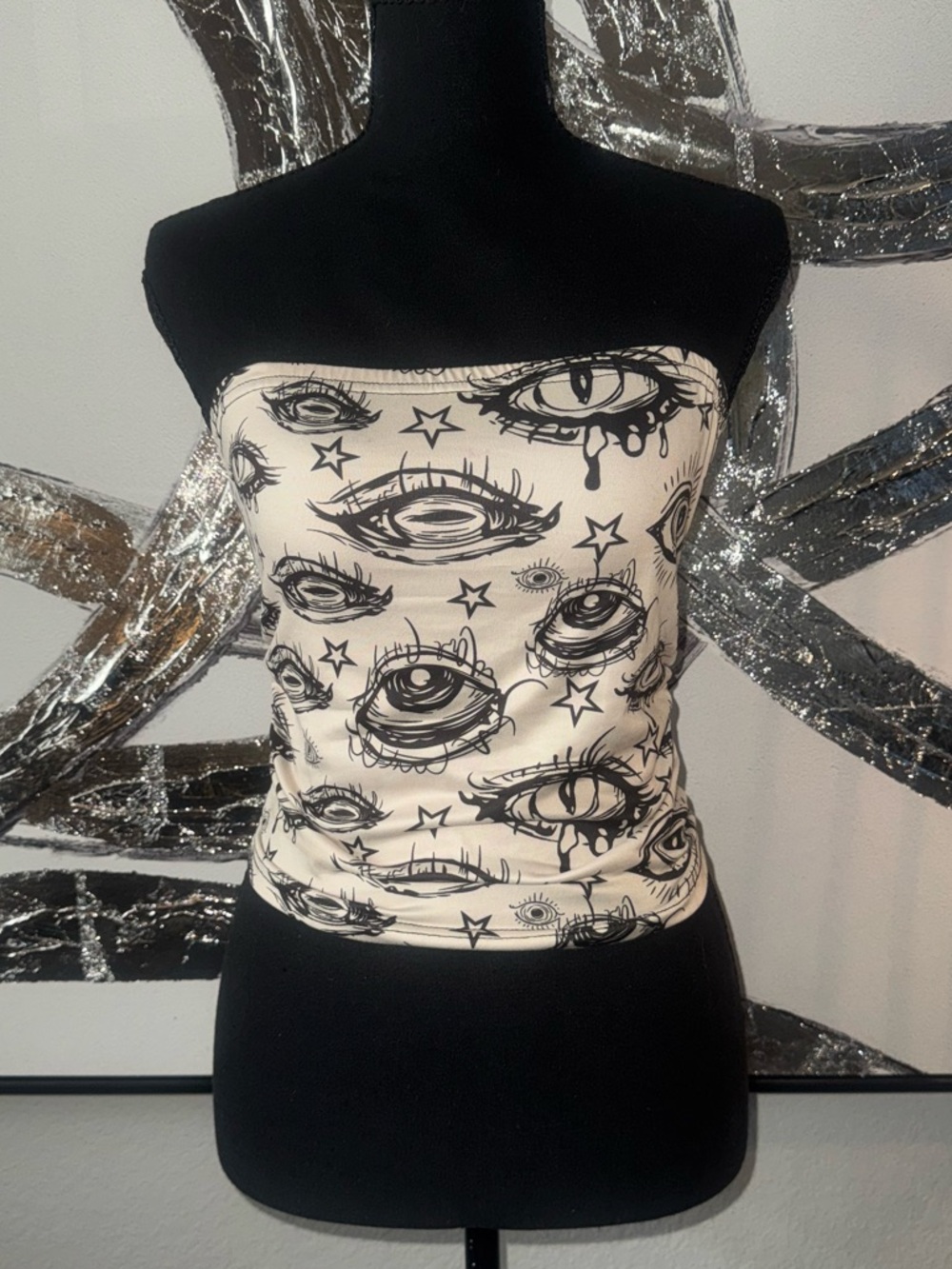 Women’s Strapless Eye Print Tube Top - Black on Cream